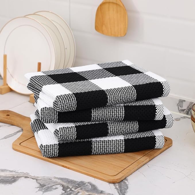 Mordimy 100% Cotton Waffle Weave Kitchen Towels, 20 x 28 Inches, Super Soft and Absorbent Buffalo Check Large Dish Towels for Drying Dishes, 4-Pack, Black & White