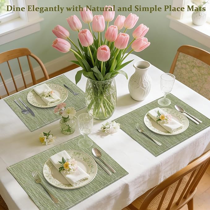 Bloss Green Placemats Set of 4-12x18 Inch WashableTable Place Mats, Fabric Spring Placemats for Kitchen Dining Table Decor, Easy to Clean Summer Placemats Cloth for Holiday Party Decoration