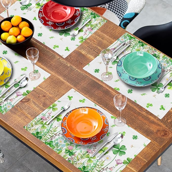 Green Shamrock Placemats Set of 4, 12 x 18 Inch Clover Lucky Floral Heat Resistant Linen Farmhouse Table Dining Place Mats for Seasonal Spring Kitchen Home Decor