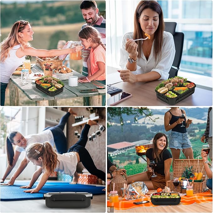 Yumuk Bento Box Adult Lunch Containers, 5 Cup Box with 4 Compartments &Spork &Sauce Box, Leak-Proof, Microwave/Dishwasher Safe(Black)