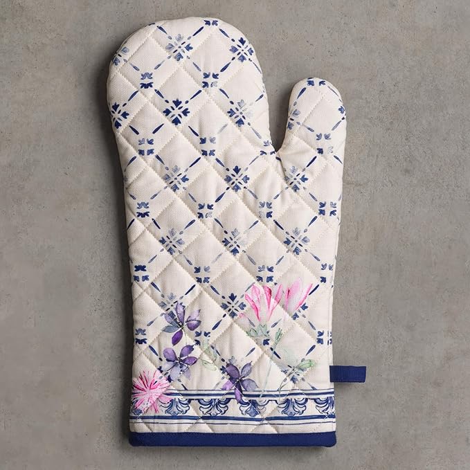 Maison d'Hermine Oven Gloves 100% Cotton Oven Mitt 7" x 13" with Loop Heat Resistant BBQ Cooking Gloves Baking Grilling Gifts for Mothers Day Spring/Summer (Pack of 1, Faience)