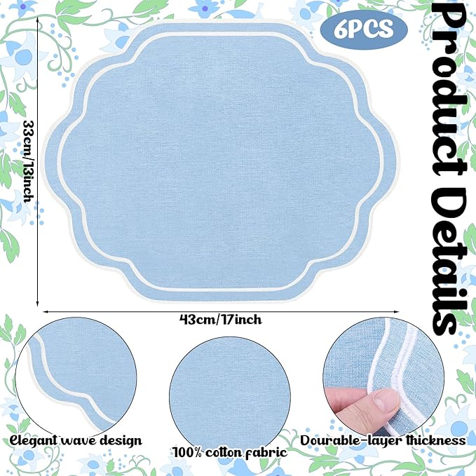 Breling 6 Pcs Wedding Placemats Scalloped Embroidered Cotton Linen Placemats 17" x 13" Double Layered Machine Washable Table Place Mat for Party Table Decor (Light Blue)