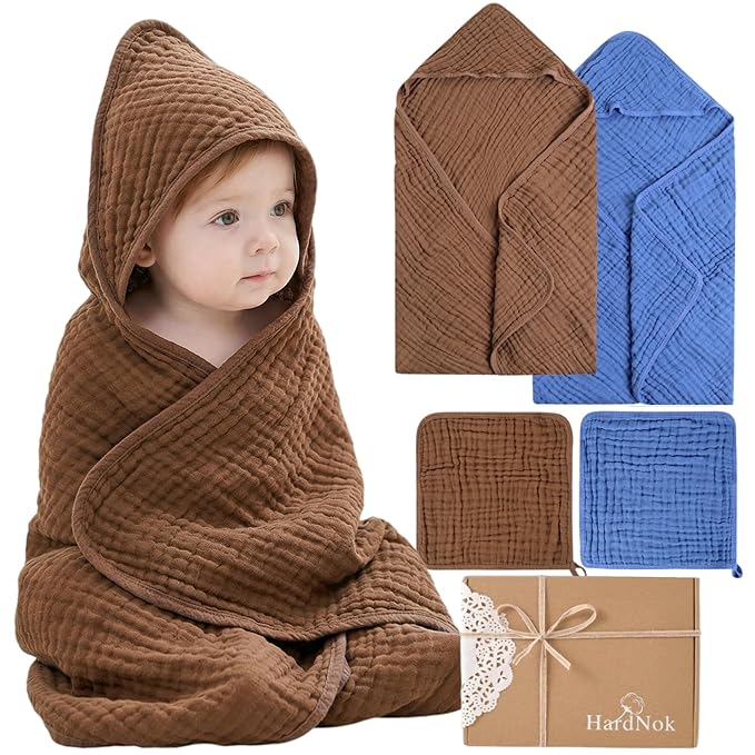 4-Piece Muslin Baby Towel Set - 100% Organic Cotton, (2) 6-Layer 32x32 Towels & (2) Washcloths, Bath, Beach & Pool Gift Set (Coffee & Blue)