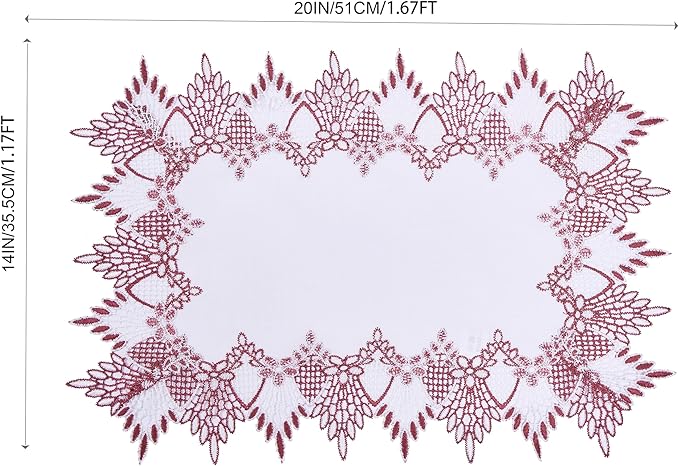 White Dark Red Linen Lace Placemats 14”x20” Set of 2 Coffee Table Topper Dresser Scarf Place Mats (Set of 2, Dark Red)
