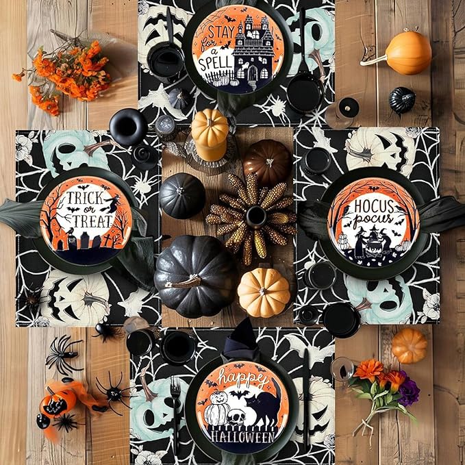 Bloss Pumpkins Spider Web Halloween Placemats Set of 4-12x18Inch Heat Resistant Place Mats,Halloween Tables Mats for Dining Table Decorations,Seasonal Place Mats Decor for Home/Party