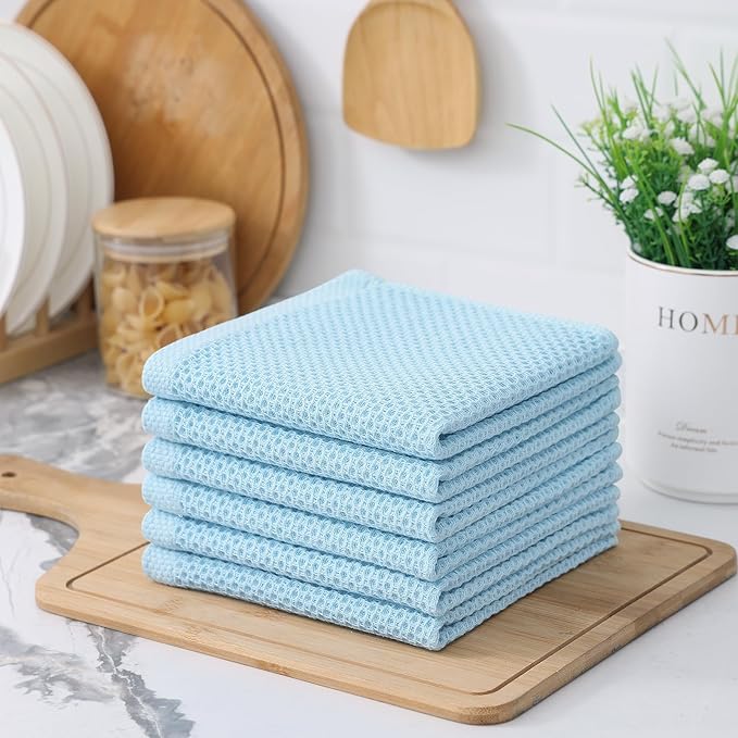 Kitinjoy 100% Cotton Kitchen Dish Cloths (12 X 12 Inches, Sky Blue), 6 Pack Waffle Weave Ultra Soft Absorbent Dish Towels for Drying Dishes Quick Drying Kitchen Towels Dish Rags