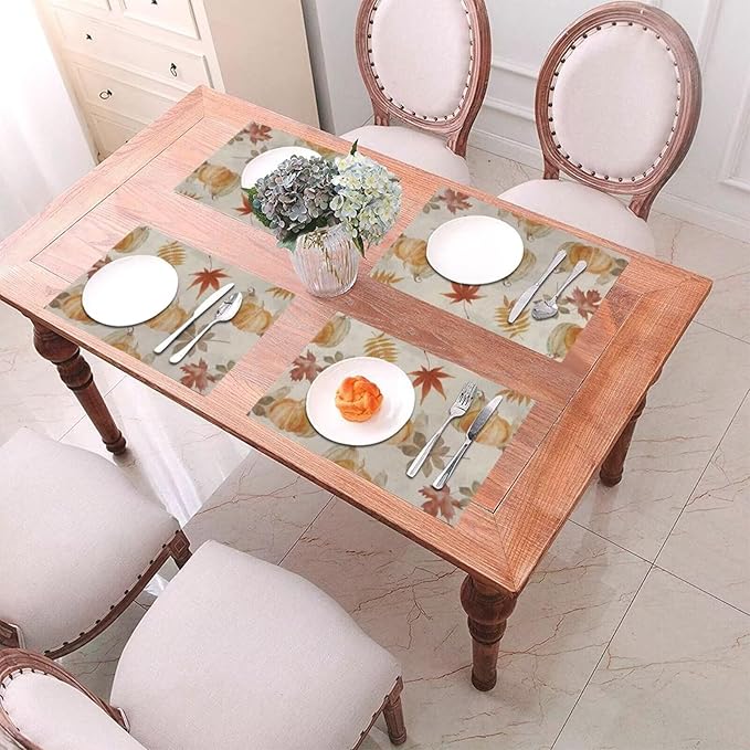Fall Pumpkin Placemats 12x18 Inch Set of 4, Pumpkin Maple Leaf Watercolor Table Place Mat Autumn Thanksgiving Harvest Washable Table Mats Decorative Linen Fabric Table Mat for Dining Table