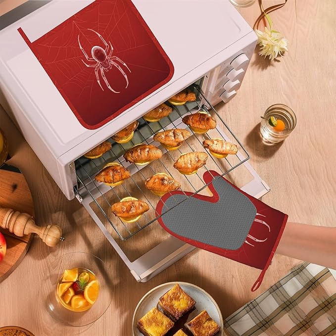 Halloween Spider Web Oven Mitts and Pot Holders Sets Silicone Heat Resistant Kitchen Oven Gloves Pot Holder for Cooking Baking Grilling BBQ