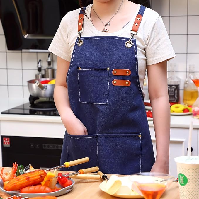 Toulite 4 Pack Canvas Chef Apron for Men with Adjustable Strap Cross Back Cotton Barber Apron with Pocket, 26 x 30''