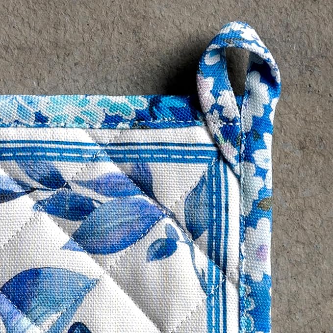 Maison d' Hermine Pot Holders 100% Cotton Heat Resistant Potholders 8" x 8" Hot Pads with Loop BBQ Cooking Baking Gifts for Mothers Day Handling Hot Pans Spring/Summer (Pack of 1, Summer Blues)