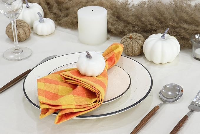 PurpleEssences Buffalo Plaid Cloth Napkins - Mitered Corners - Spring Easter Summer - Gingham Check Dinner Napkin - Set of 12-100% Cotton - 18x18 Inch - Reusable Washable - Orange and Golden Yellow