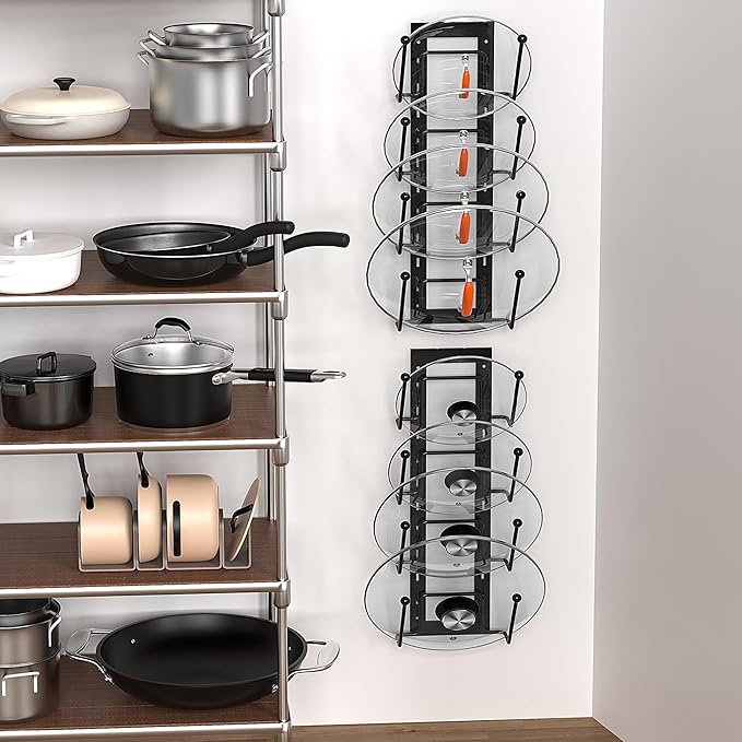 Cisily 8 Layers of Adjustable Pot Lid Organizer Rack for Cabinet Door/Wall,2Pack Lid Organizer Pots and Pans Holder for Kitchen Storage with No Drilling Adhesive 5.7 W“(Black)