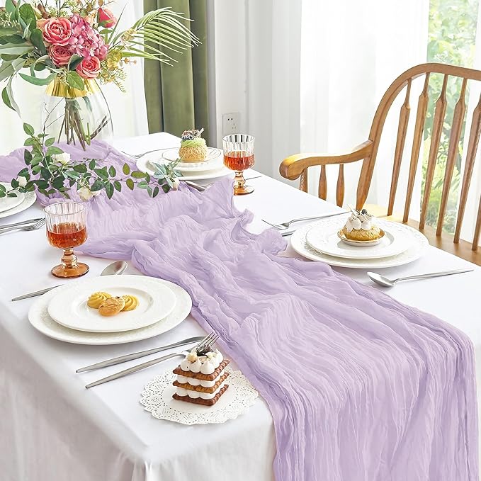 IVAPUPU 4 Pcs Cheesecloth Table Runner - 10ft Lilac Purple Lavender Boho Gauze Cheese Cloth Table Runners for Baby Shower Decorations Wedding Party Summer Garden Decor