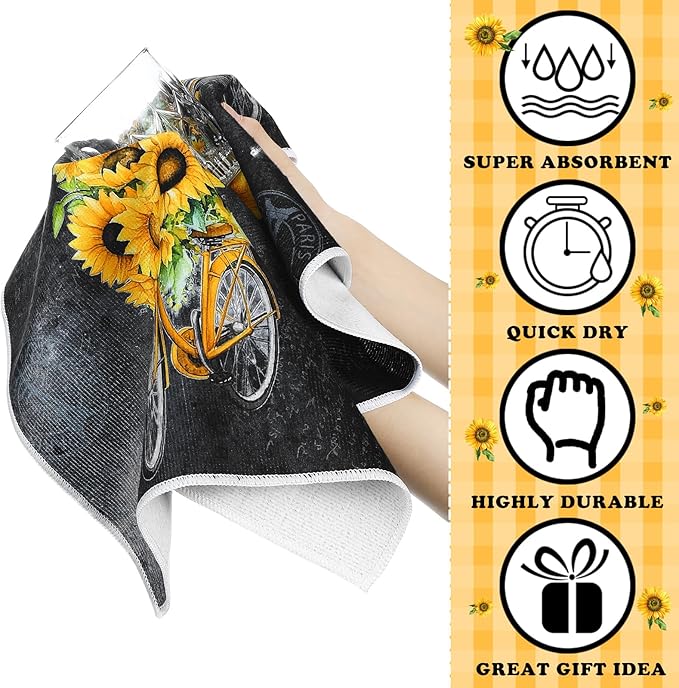 Bencailor 6 Pcs Black Sunflower Kitchen Towels Decorative Sets Dish Towels Absorbent Fast Drying Hand Tea Vintage Hanging Reusable Cleaning Dishcloths for Cooking Farmhouse Bathroom Accessory