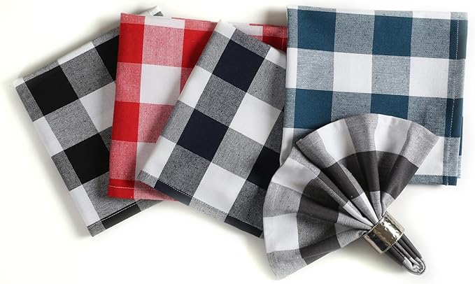 Native Fab Black Buffalo Check Cloth Napkins, 16"x16", Set of 4, Plaid Checkered Pattern, 100% Cotton, Soft, Absorbent, Reusable Table Napkins for Dinner, Lunch, Wedding, Party - Black and White