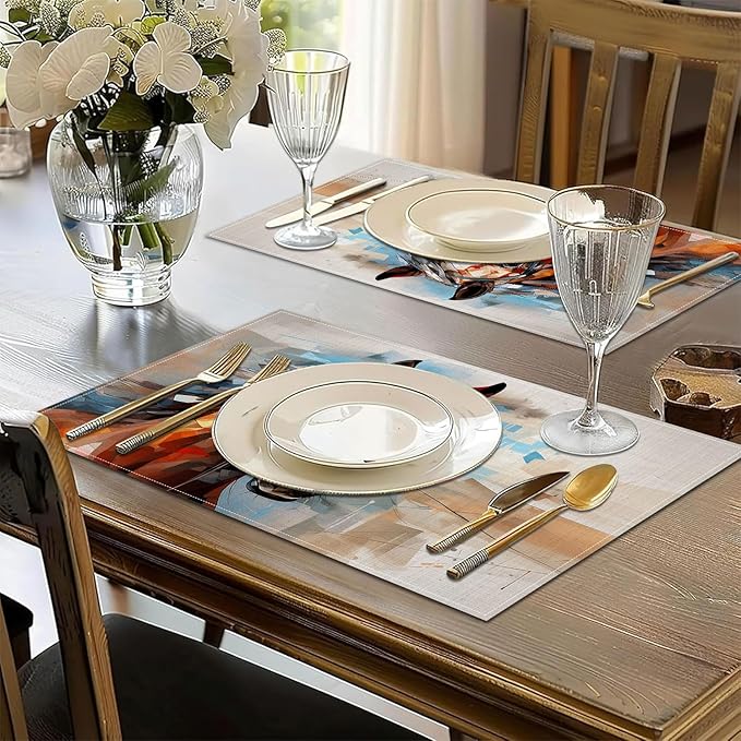 Abstract Horse Placemats Set of 6, Washable Linen Place Mat Heat Resistant Non Slip Kitchen Dining Table Mats 12x18 Inch