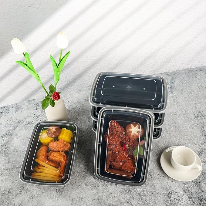 Meal Prep Containers Reusable 15 Pack-32 oz Food Storage Containers with Lids To Go Food Containers Takeout with 15 Forks, Microwave Dishwasher Freezer Safe, BPA Free, Plastic (Black)