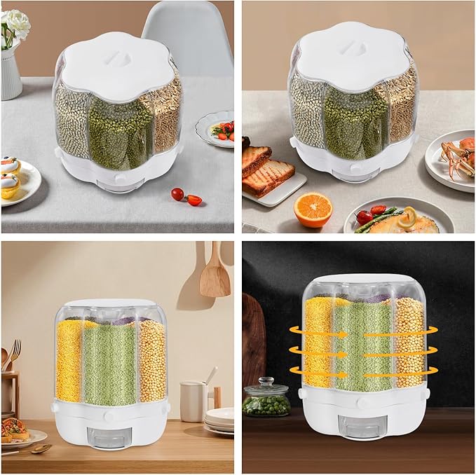 Cereal Dispenser, 6-grid 360° Rotating Grain Dispenser, 6 in 1 Sealed Clear Rice Dispenser, 12.5kg/27.56lbs Grain Storage Container, PP+PET Flower Shape Granular Dry Food Dispenser, 10.35*12.6in White