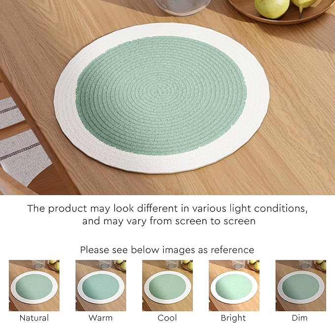 Encasa XO Dining Placemats Set of 6 | Cotton Round Table Mat - 13 in Diameter | Sage & Off White | Handmade Rib Style Chargers for Dinner Plates