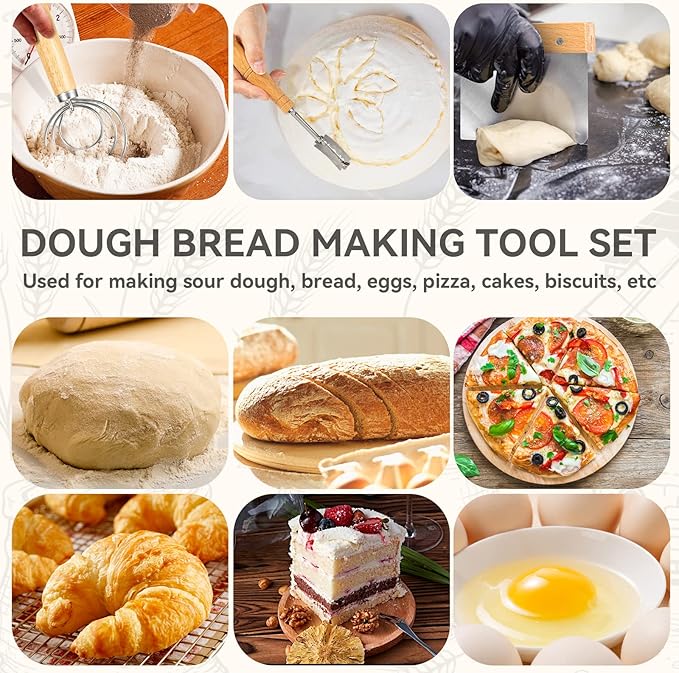Danish Dough Whisk - Bread Whisk Set of 3 pieces, Bread Making Tools and Supplies, Danish Sourdough Whisks, Dutch Whisks for Dough, With Dough Scraper Sourdough Cutter, Lame Doughs Scoring Tool Blades