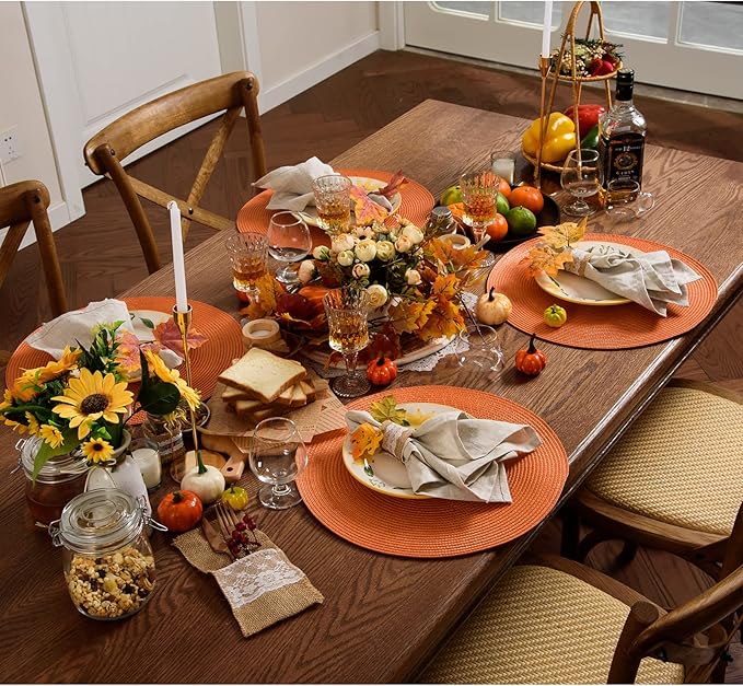 AHHFSMEI Round Placemats Set of 6 Heat Resistant Washable Non-Slip Woven Braided Table Mats for Dining Table Kitchen & Home Decor (Orange)