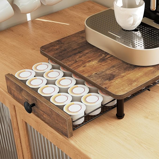 YATINEY Coffee Pod Drawer Holder, Coffee Pod Drawer for K Cup, 35 Capacity Coffee Capsules Storage Organizer, Sliding Mesh Basket, for Home Office, Kitchen, Rustic Brown KH08BRG1
