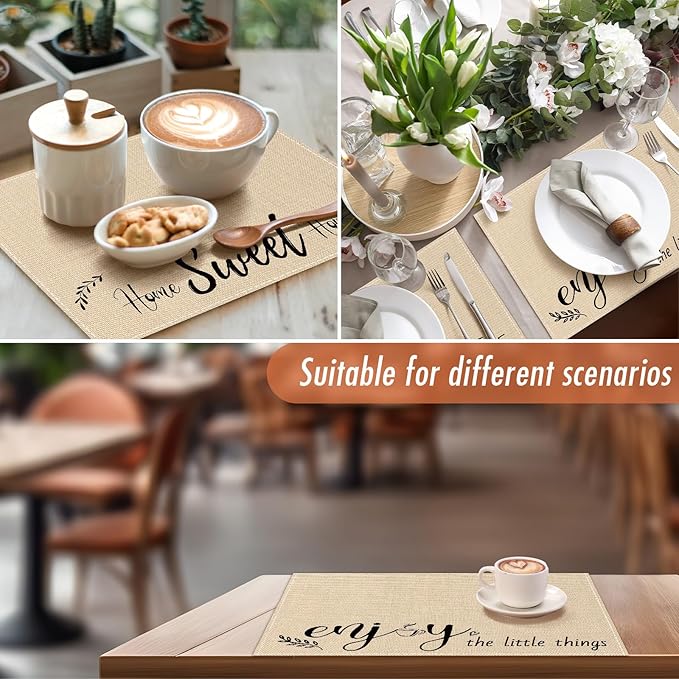 Farmhouse Placemats Set of 6 Linen Placemats 18x12'' Rustic Table Mats with Sayings Housewarming Gifts Country Tablemats Washable Cloth Place Mats for Farmhouse Table Setting(Khaki)