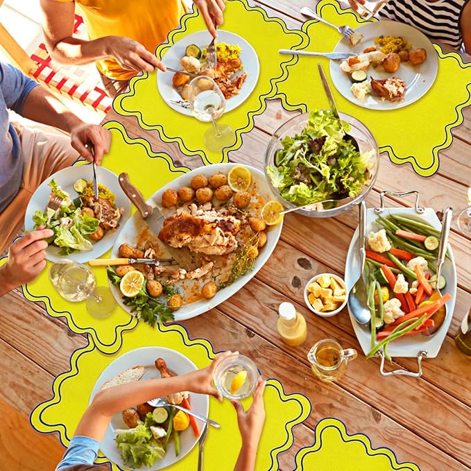 Whaline Yellow Blue Linen Placemats Embroidered Scalloped Kitchen Place Mats for Summer Birthday Party Home Dining Table Decor, Set of 6, 13 x 19 in