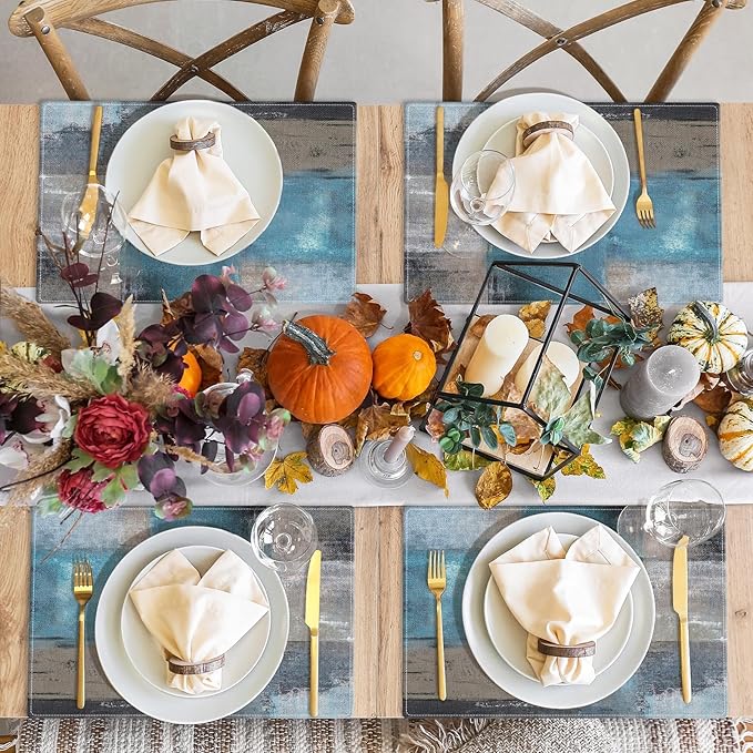 Emvency Farmhouse Placemats Set of 4, Vintage Blue and Grey Art Painting 12x18 Inch Abstract Gray Table Mats for Outdoor Home Party Kitchen Dining Decoration