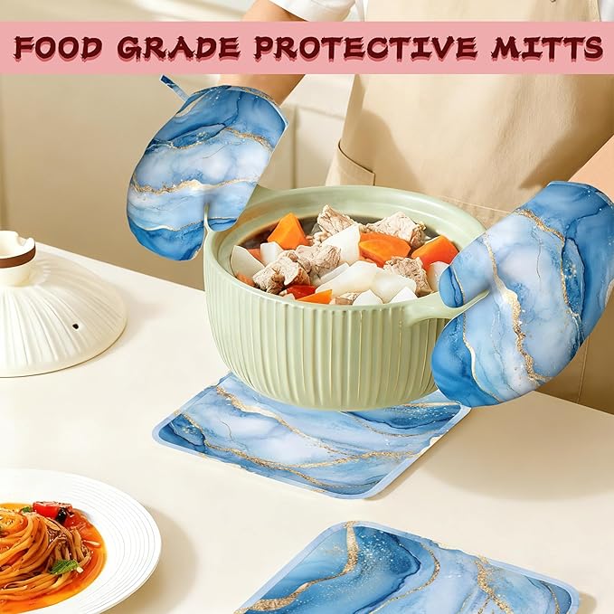 Blue Gold Marble Heat-Resistant Silicone Oven Mitts and Pot Holder 4 Piece Set,Non-Slip Kitchen Oven Gloves for Baking, BBQ, Cooking,Grilling