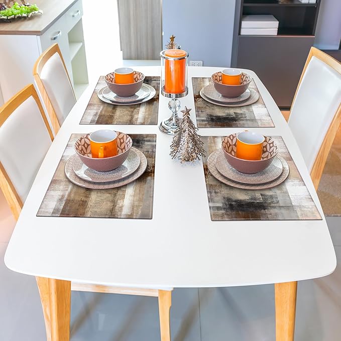 Brown and Gray Placemats Washable, Linen Rectangular Place Mats Set of 4, Dining Table Decor for Living Room, Kitchen, Farmhouse and Outdoor (Brown Grey, 12x18 Inch)