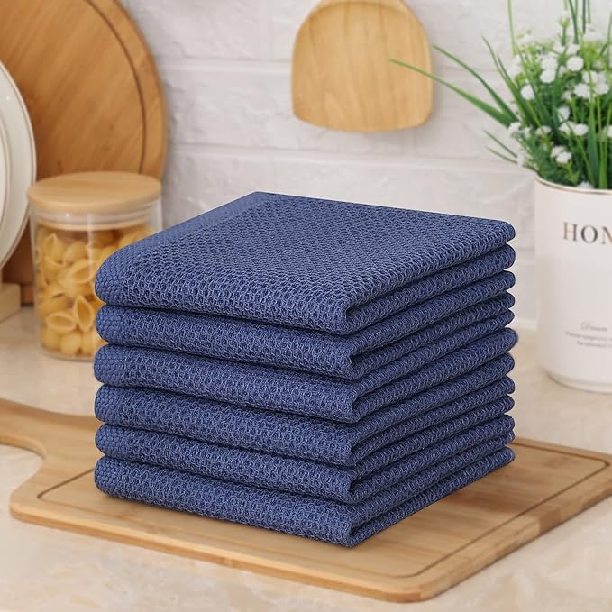 Kitinjoy 100% Cotton Kitchen Dish Cloths (12 X 12 Inches, Navy Blue), 6 Pack Waffle Weave Ultra Soft Absorbent Dish Towels for Drying Dishes Quick Drying Kitchen Towels Dish Rags