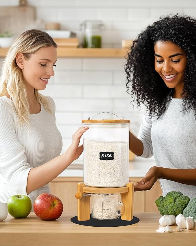 5-7 lbs Glass Rice Dispenser with Wooden Stand Flour and Cereal Container with Glass Measuring Cup & Labels & Slider mat Pantry Food Organization Storage Bin with Airtight Bamboo Lid, 3L