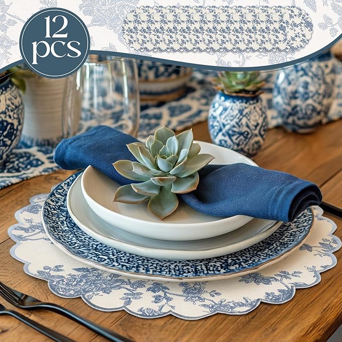 Set of 12 Blue and White Cotton Placemats 15 Inch Round Scalloped Embroidery Placemats Washable Double Layered Rustic Table Mat Fabric Napkins for Wedding Table Decor