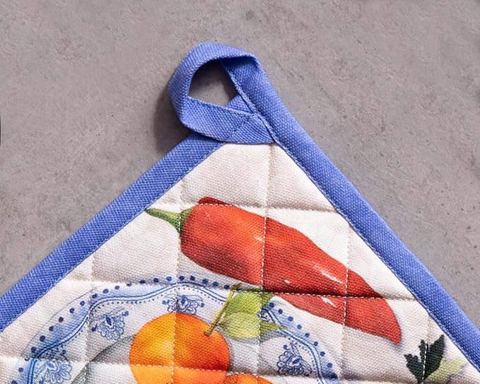 Maison d' Hermine Pot Holders 100% Cotton Heat Resistant Potholders 8" x 8" Hot Pads with Loop BBQ Cooking Baking Gifts for Mothers Day Handling Hot Pans Spring/Summer (Pack of 2, Gourmand)