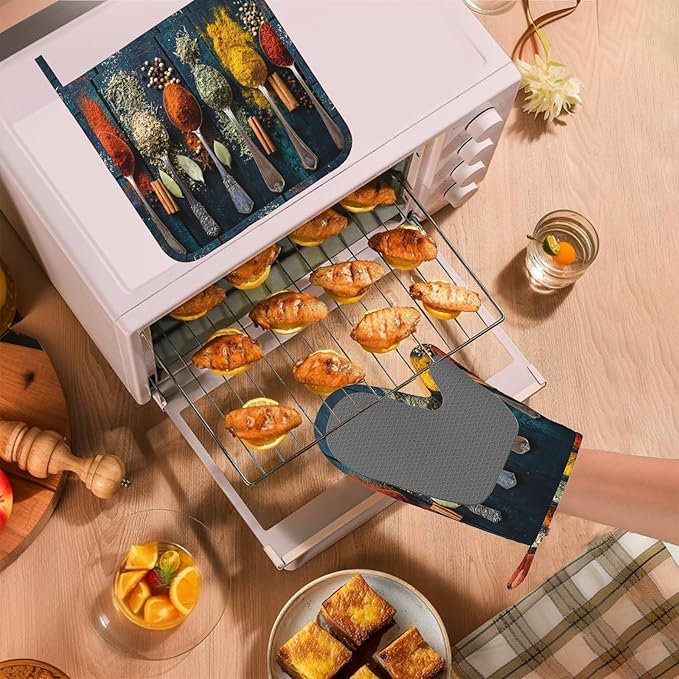 Various Herbs and Spices Oven Mitts and Pot Holders Sets Non-Slip Silicone Surface for BBQ Gloves,Kitchen,Cooking,Baking,Grilling