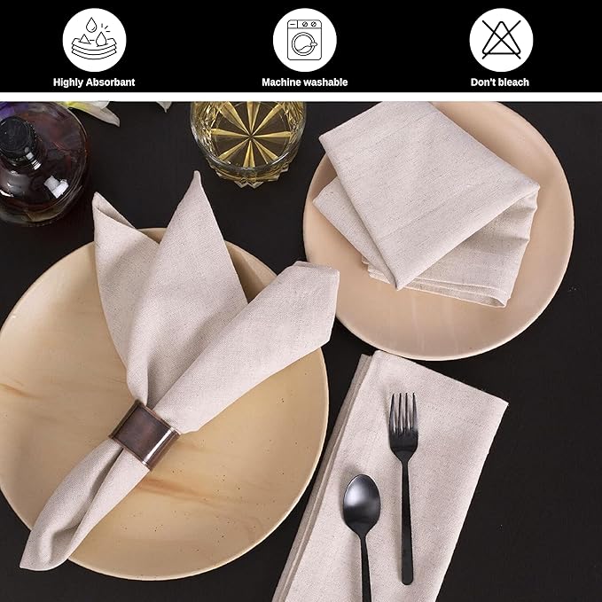 Linen Flax Cotton Cloth Dinner Napkins Set of 12 – 18x18 Natural Hemstitched Reusable Fabric Napkins for Weddings, Parties, Dinners & Table Décor – Elegant & Durable Bedding Craft