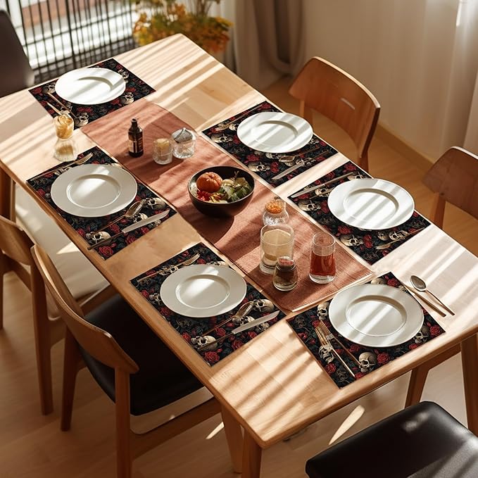 Skull Rose Placemats Set of 6,Washable Heat Resistant 12×18 Inch Linen Table Mats Floral Place Mats for Party Outdoor Dining Décor