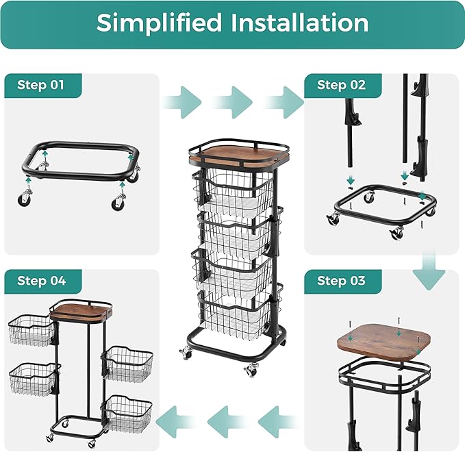 4 Tier Kitchen Fruit Vegetable Storage Cart with One-Piece Rotating Basket, Pantry Organizer Shelf Rack Floor Stand for Veggie Onion Potato Produce Spice, Rolling Snack Cart on Wheels, Black