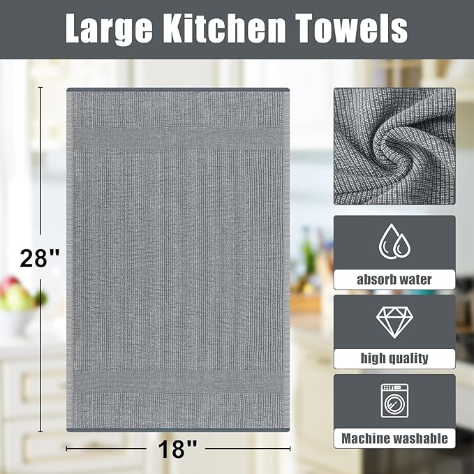 Homaxy Premium Kitchen Towels(18”x 28”, 6 Pack), Large Cotton Kitchen Hand Towels, Flat and Terry Dish Towels, 380 GSM Highly Absorbent Tea Towel Set with Hanging Loop, Grey