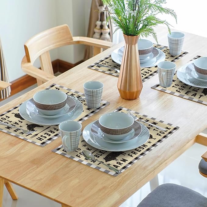 Farm Animal Cow Table Mat Set of 4,Farmhouse Chicken Decor Buffalo Plaid Rectangular Linen Placemats with Non-Slip Kitchen Table Decor 12x18 Inch for Party Kitchen Dining