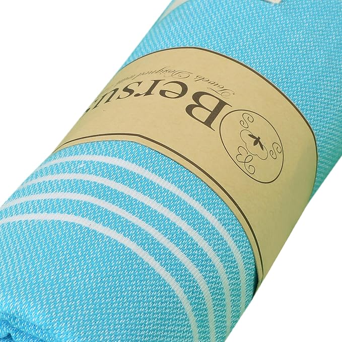 Bersuse Towels Anatolia XL Beach Blanket Throw Blanket Turkish Towel 100% Cotton Extra-Large Quick-Dry Lightweight Premium Peshtemal Towel - 61x82 Inches, Turquoise (Set of 3)