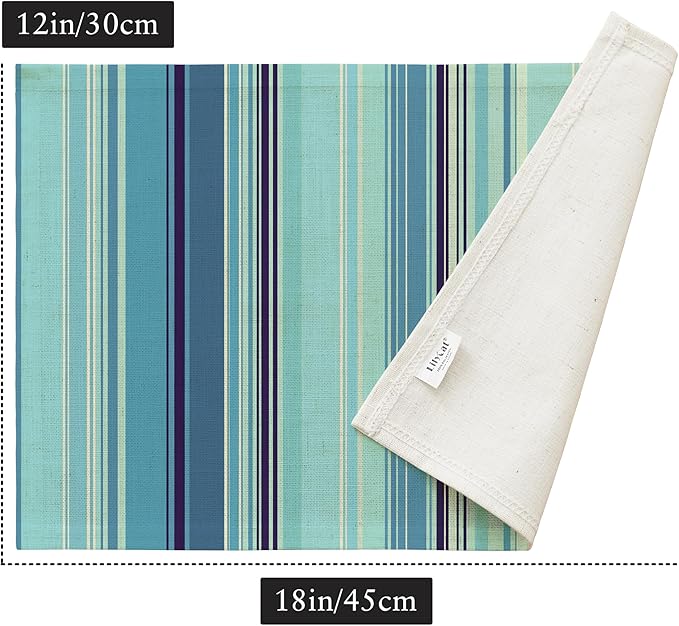 LilyCat Linen Fabric Blue Stripes Placemats, Durable Boho Dining Table Mats for Kitchen, Rustic Vintage Washable Place Mats Set of 6, 18’’× 12’’