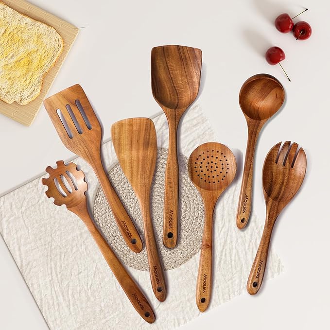Mooues Wooden Spoons for Cooking, Wooden Utensils for Cooking Natural Teak Wooden Kitchen Utensils Set Comfort Grip (7 PCS SET)