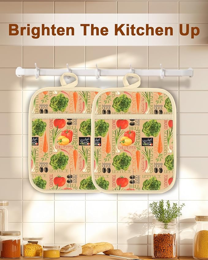 Swooflia 100% Cotton Pot Holders 2 Pack Set for Kitchen with Pockets - Cute 440°F Heat Resistant Oven Hot Pads Heavy Duty for Countertop Home Cooking Baking Microwave BBQ Vegetables