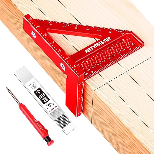 3.8"Mini 3D Multi-Angle Measuring Square Ruler, WT102A High Precision Hole Scribing Woodworking Tools, 0-90° Aluminum Alloy Carpenter Square Wood Working Tools, Carpenter Pencils 6 Refills.