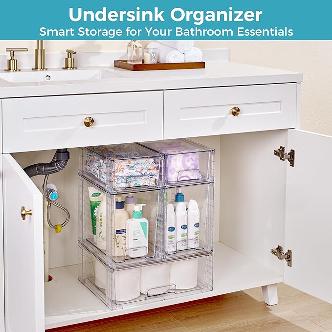 Vtopmart 6 Pack Clear Stackable Storage Drawers,Easy to Assemble Baby Bottle with handles,Plastic Drawers for Kitchen Pantry,Cabinet,Under Sink Organization