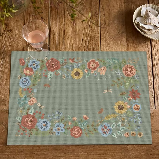 Artoid Mode Sage Florals Butterfly Spring Vinyl Placemats Set of 4, Washable Non-Slip Plastic Table Mats for Vintage Holiday Party Kitchen Dining Decor