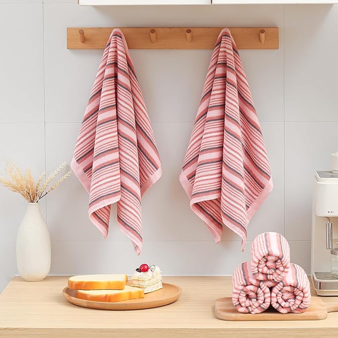 SALAS Premium Cotton Kitchen Dish Towels for Drying Dishes,Large Long 390GMS Hand Towels, Thick Highly Absorbent Dish Cloth Towel Sets with Hanging Loop, 16" X 26", 3 Pcs, Pink