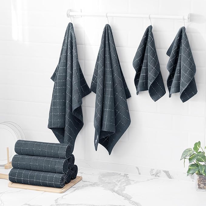 Homaxy Kitchen Towels and Dishcloths Set, 12 x 12 and 20 x 28 Inches, Set of 8 Bulk Cotton Terry Kitchen Towels Set, Checkered Designed, Soft and Super Absorbent Dish Towels, Dark Grey
